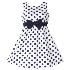 Robe fille blanche pois bleus / rouges, ceinture nœud papillon – ÉGLANTINE