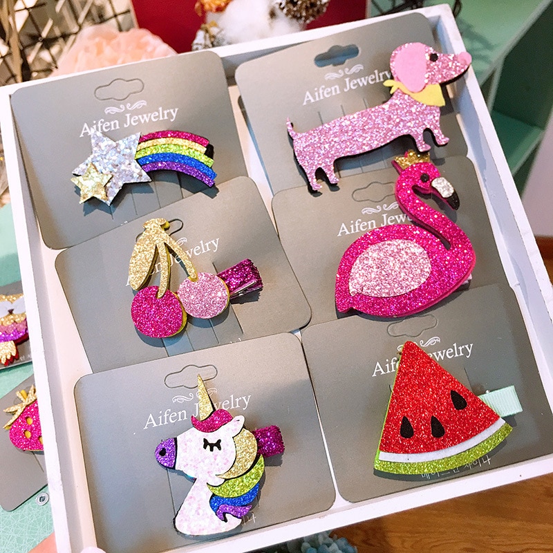 Barettes cheveux fille : Licorne, Flamant rose, Étoile filante, Fruits – Image 2