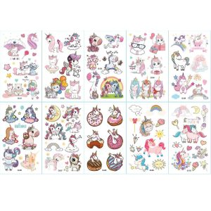 Tatouage éphémère enfant (lot de 10) – Licornes, Sirènes, Dinosaures, Noël, Robot, Halloween
