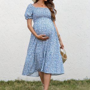 Robe d&rsquo;été de maternité chic à manches bouffantes et col carré – Imprimé fleuri tendance