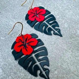Boucles d’oreilles MARGARET feuilles tropicales et hibiscus - Créations Uniques