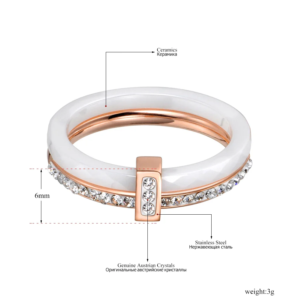 2 Layers Black/White Ceramic Crystal Wedding Rings Jewelry Rose Gold Plated Stainless Steel Rhinestone Engagement – Image 2