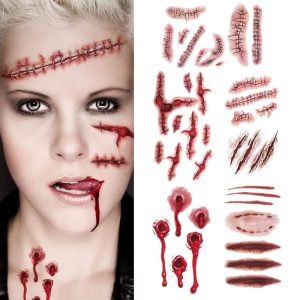 Tatouage Halloween Réaliste à coller : Cicatrice, Plaie, Saignement, Fausse blessure