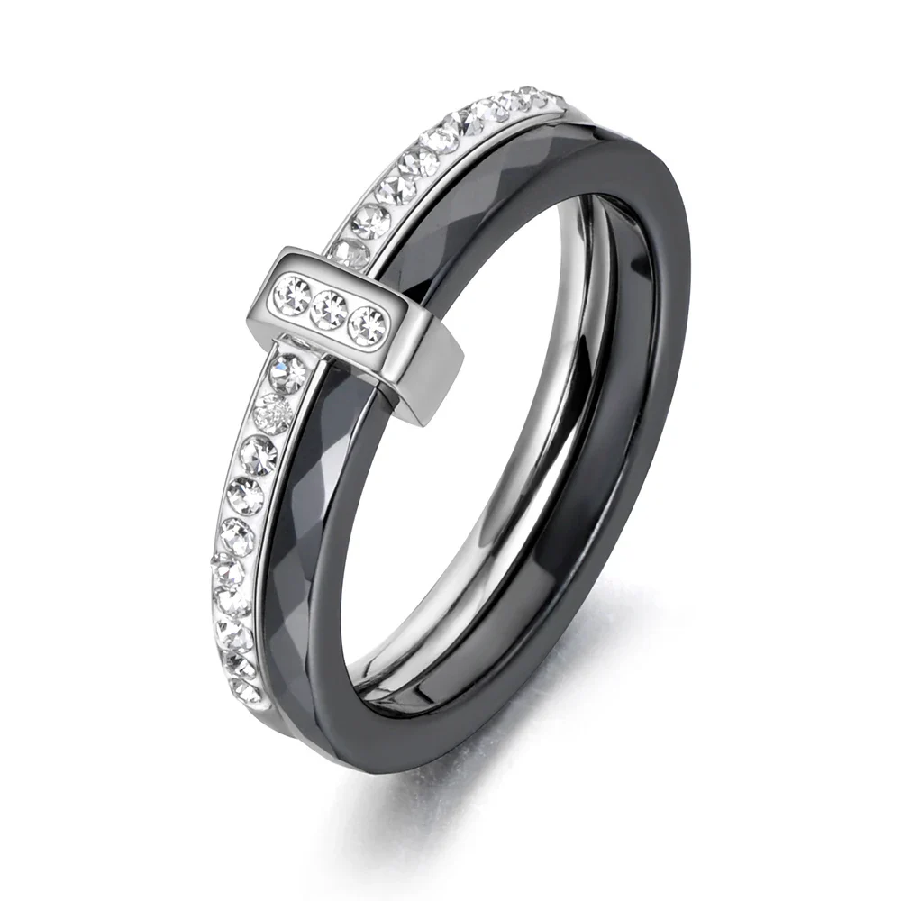2 Layers Black/White Ceramic Crystal Wedding Rings Jewelry Rose Gold Plated Stainless Steel Rhinestone Engagement – Image 3