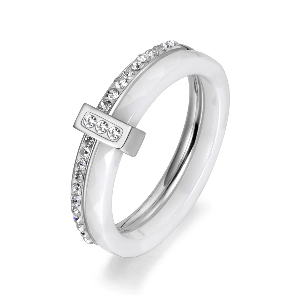 2 Layers Black/White Ceramic Crystal Wedding Rings Jewelry Rose Gold Plated Stainless Steel Rhinestone Engagement – Image 4
