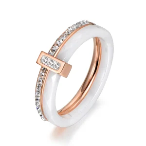 2 Layers Black/White Ceramic Crystal Wedding Rings Jewelry Rose Gold Plated Stainless Steel Rhinestone Engagement