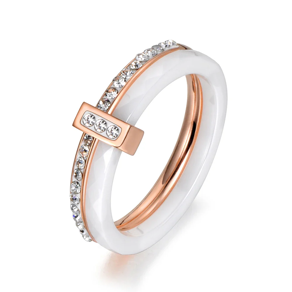 2 Layers Black/White Ceramic Crystal Wedding Rings Jewelry Rose Gold Plated Stainless Steel Rhinestone Engagement