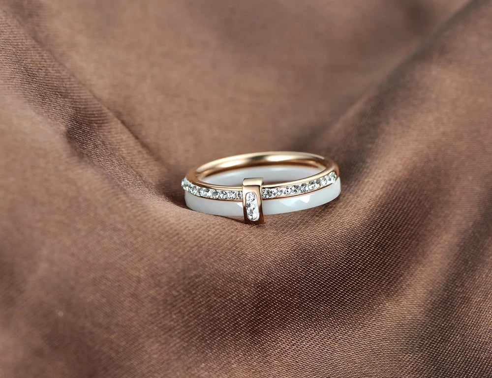 2 Layers Black/White Ceramic Crystal Wedding Rings Jewelry Rose Gold Plated Stainless Steel Rhinestone Engagement – Image 6