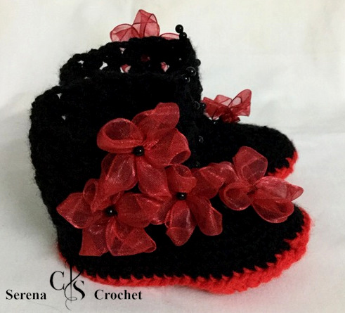 Bottes rouge et noir aux fleurs organza au crochet – Image 3