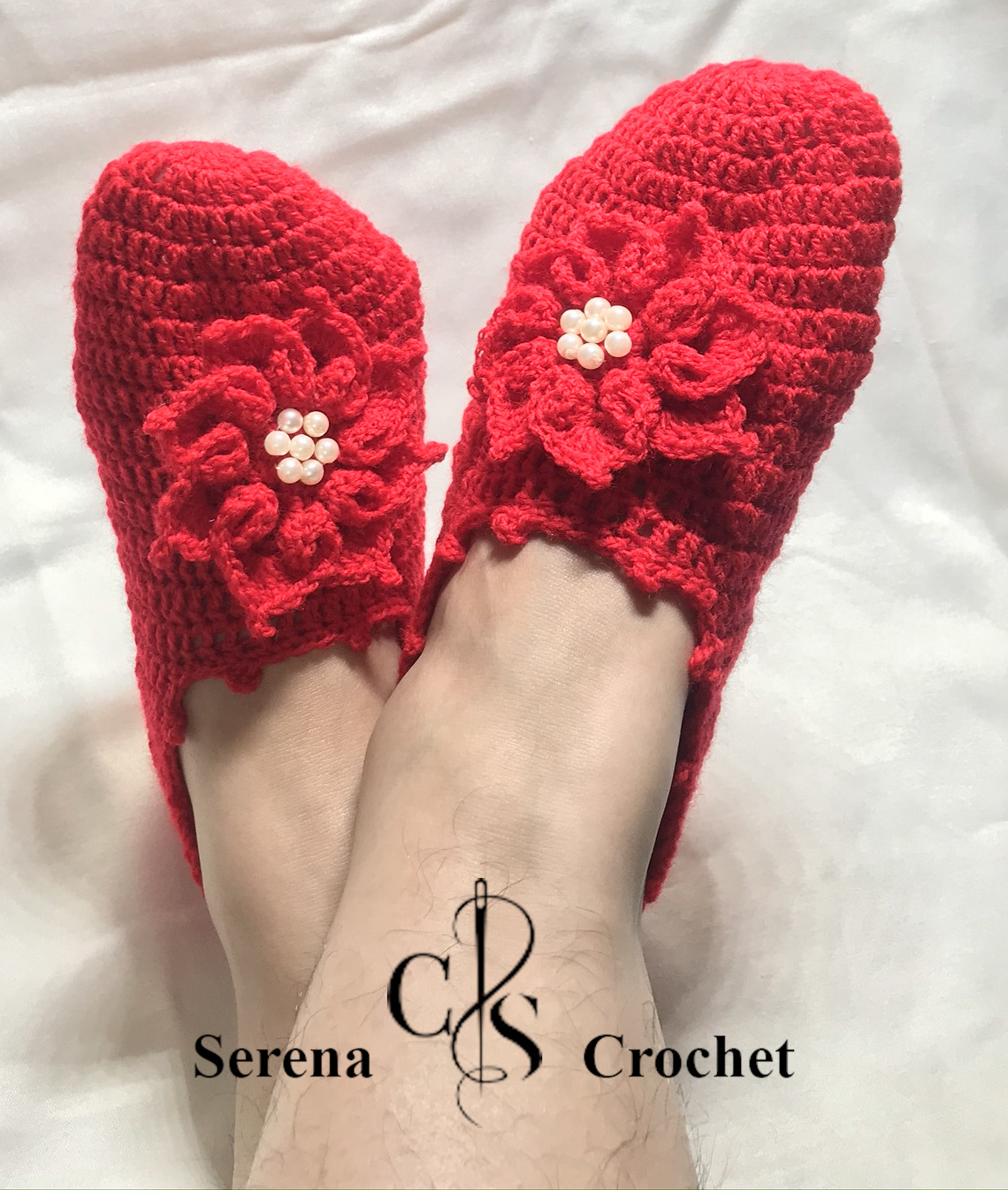 Chaussons rouge fleur à huit pétales au crochet – Image 4