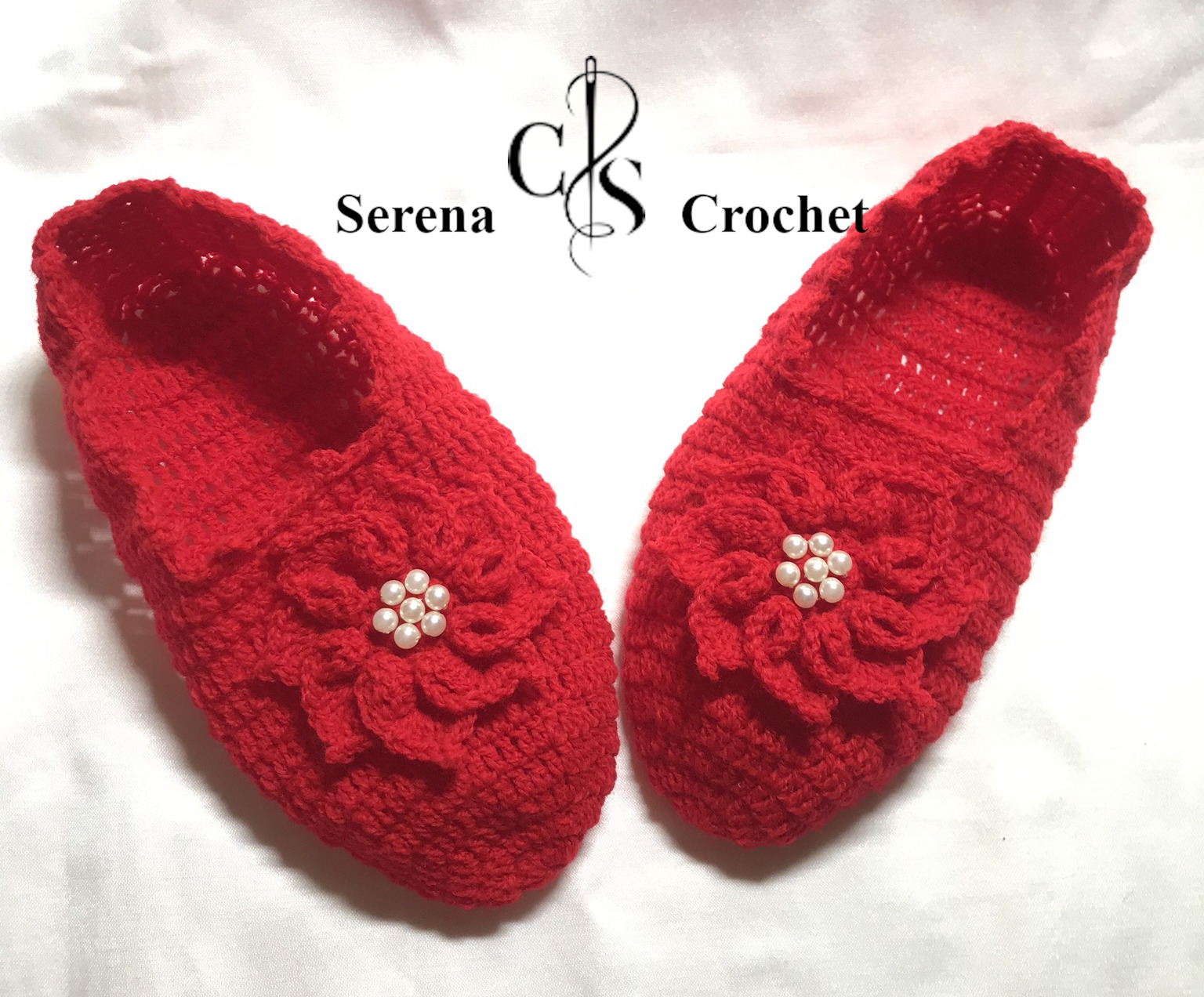 Chaussons rouge fleur à huit pétales au crochet – Image 7