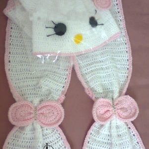 Bonnet et écharpe chat rose et blanc au crochet Hand-Made
