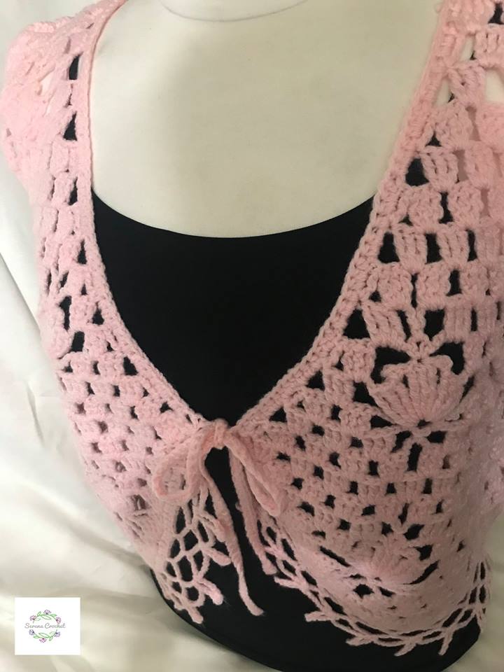 Gilet courte au crochet sans manches rose bébé – Image 6