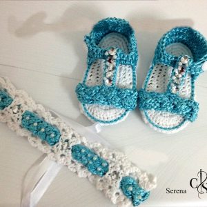 Bandana et Sandales bleu turquoise perlé au crochet
